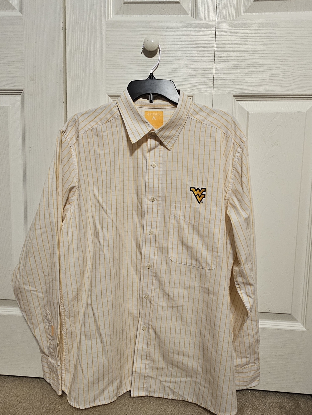 WVU Antigua West Virginia Pinstripe Button-Up Shirt - Cream/Gold
